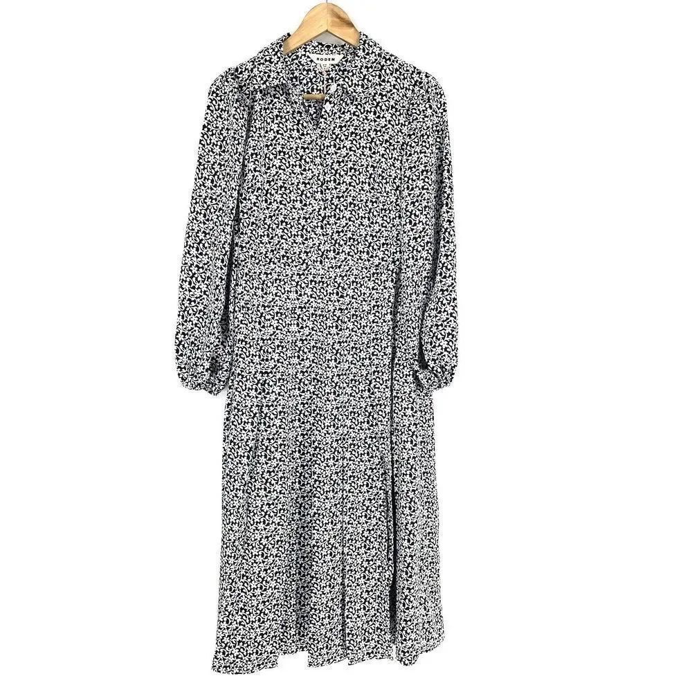 Boden Shirt Dress Size 6 Petite Women Navy Floral Print Pleated Skirt Midi Twirl